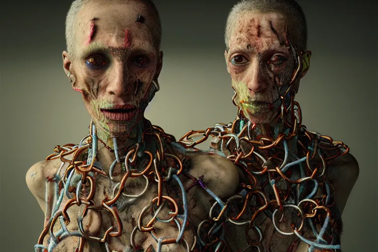 Image similar to 35mm color, humans enslaved, chained together, artificial intelligence, portrait, fashion shoot, weird, random, strange, hyperdetailed, photorealistic, interesting, by David la chapelle and karol bak and david cronenberg and WETA digital, Dariusz Zawadzki , ID magazine, octane rendering, cinematic, hyperrealism, octane rendering, 8k, depth of field, bokeh.