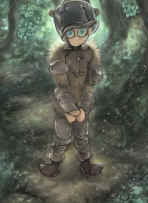 Image similar to beautiful little boy wearing an cyborg bear suit, artwork in kentaro miura and made in abyss and rosdraws, smooth, beautiful lightness, anatomically correct, trending on pixiv, forest