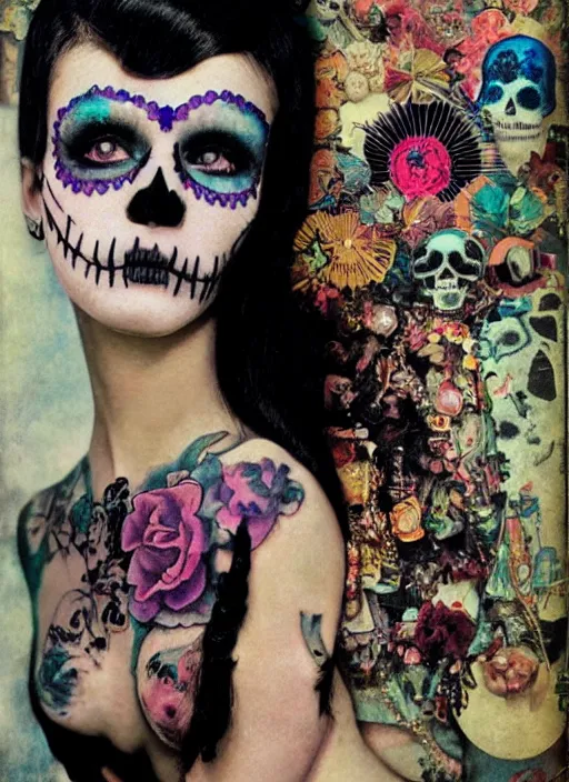 Image similar to cute punk goth fashion fractal Día de los Muertos tattoed girl posing by Zhang Jingna, surreal Dada collage by Man Ray Kurt Schwitters Hannah Höch Alphonse Mucha