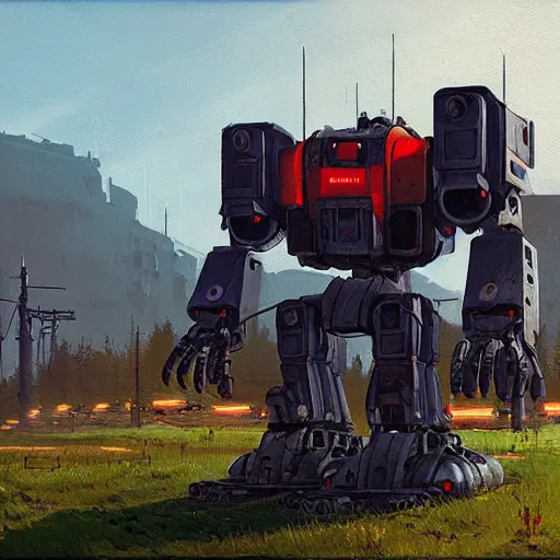 Image similar to atlas mech of mechwarrior by Simon Stålenhag, photorealistic