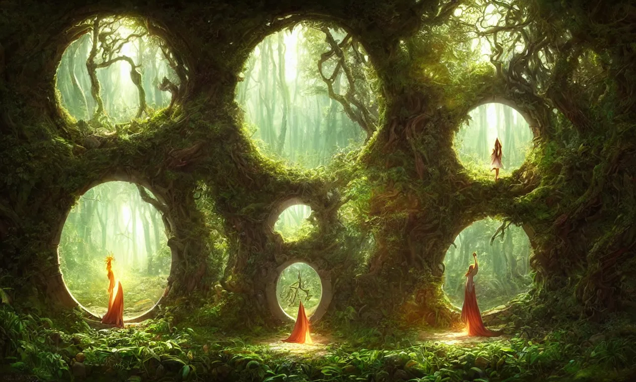 Image similar to Fantasy Magical fairy-tale portal in the forest. Round stone portal teleport in trees to other worlds. Fantastic landscape. Magic Altar in the fores, highly detailed, digital painting, artstation, concept art, smooth, sharp focus, illustration, art by artgerm and greg rutkowski and alphonse mucha