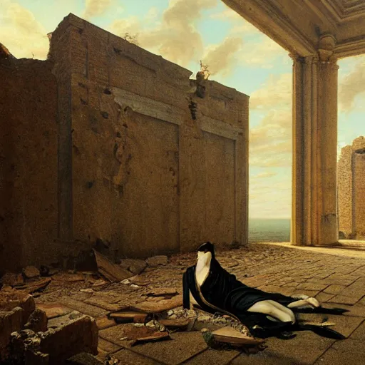Image similar to hyperrealistic surrealism, David Friedrich, award winning masterpiece with incredible details, Zhang Kechun, a surreal vaporwave vaporwave vaporwave vaporwave vaporwave painting by Thomas Cole of a gigantic broken mannequin head sculpture in ruins, highly detailed, trending on ArtStation