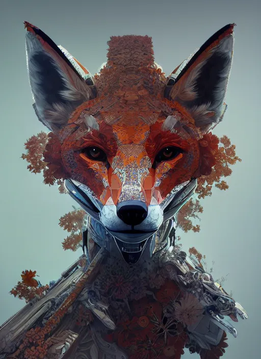 Image similar to symmetry!! portrait of a hybrid robot fox, floral! horizon zero dawn machine, intricate, elegant, highly detailed, digital painting, artstation, concept art, smooth, sharp focus, illustration, art by artgerm and greg rutkowski and alphonse mucha, 8 k