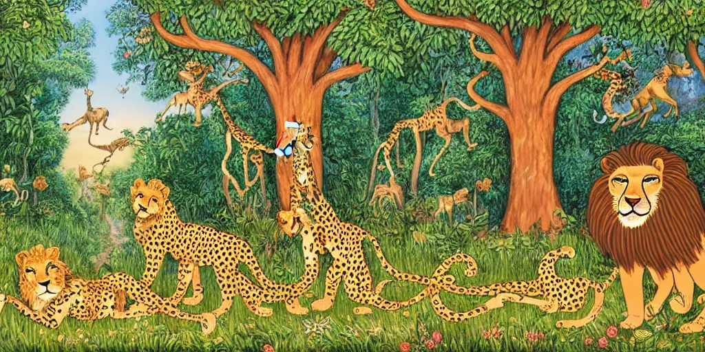 Prompt: cheetah and lion in front of birthday table in fairytale forest , huge scale, high detail, intricate by Axel Scheffler