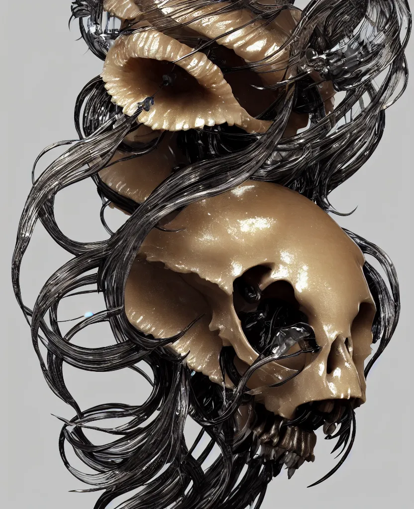 Image similar to goddess princess face close-up portrait ram skull. sculpture made of polished gold and matte obsidian. jellyfish phoenix head, nautilus, orchid, skull, betta fish, bioluminiscent creatures, intricate artwork by Tooth Wu and wlop and beeple. octane render, trending on artstation, greg rutkowski very coherent symmetrical artwork. cinematic, hyper realism, high detail, octane render, 8k