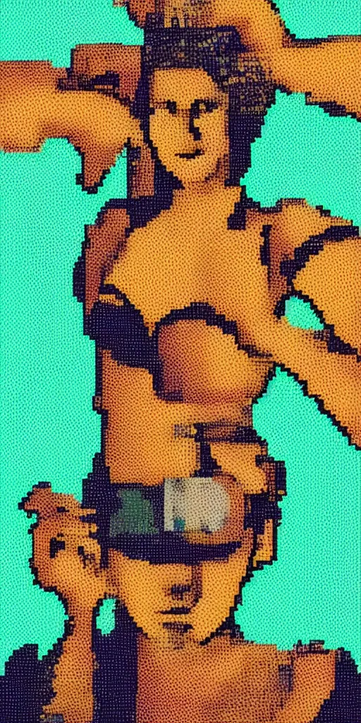 Prompt: 2D post-industrial portrait of a woman with distorted background, 8 bits graphics, flat, SNES game, crushed quality, low contrast, low light, color gradient, low saturation, heavy color compression filter, melting pixels