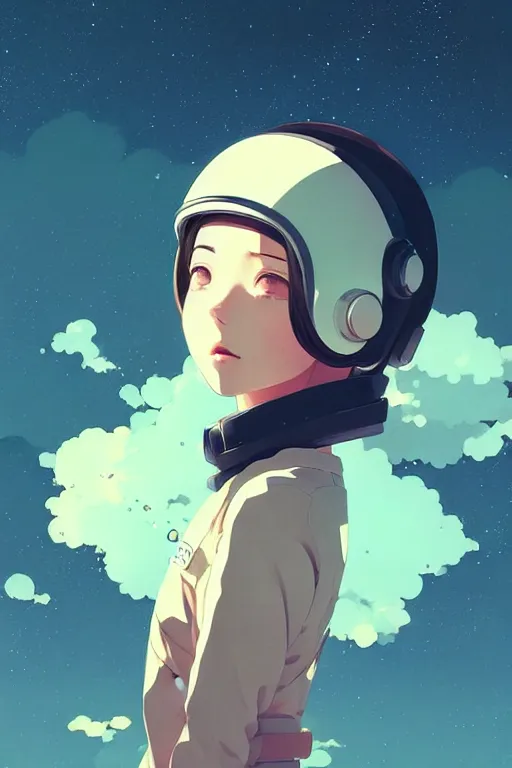 Image similar to portrait of a girl with astronaut helmets by ilya kuvshinov, cloudy sky background lush landscape ln illustration concept art anime key visual trending pixiv by victo ngai fanbox by greg rutkowski makoto shinkai takashi takeuchi studio ghibli