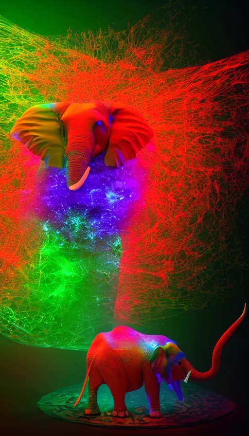 Image similar to 8K UHD Houdini render of crystalpunk mysterywave biocore herbalmancer elephant, background bioluminescent swirling wisps, red yellow green blue smoke gradient palette, volumetric lighting, 18 mm lens