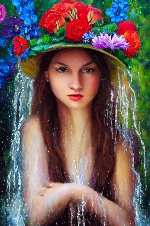 Prompt: oil painting, romanticism, girl in hat and dress of fresh flowers, cave with waterfall, roses, lilies, chrysanthemums, irises, water drops, water jets, overhead light, 4 k, 8 k