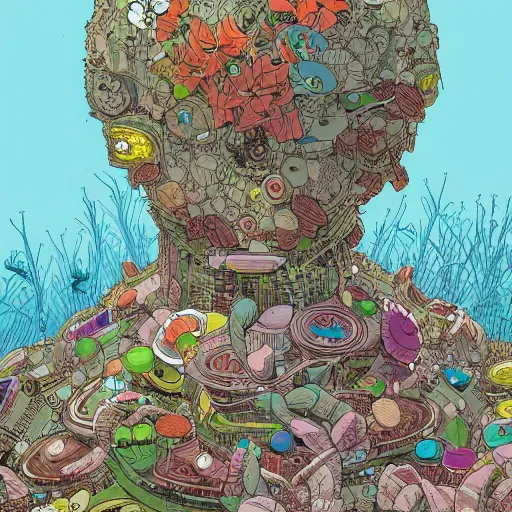 Prompt: hyper detailed comic illustration of a beautiful flower growing inside an abandoned robot\'s head, by Josan Gonzalez and Geof Darrow, highly detailed, 8k wallpaper