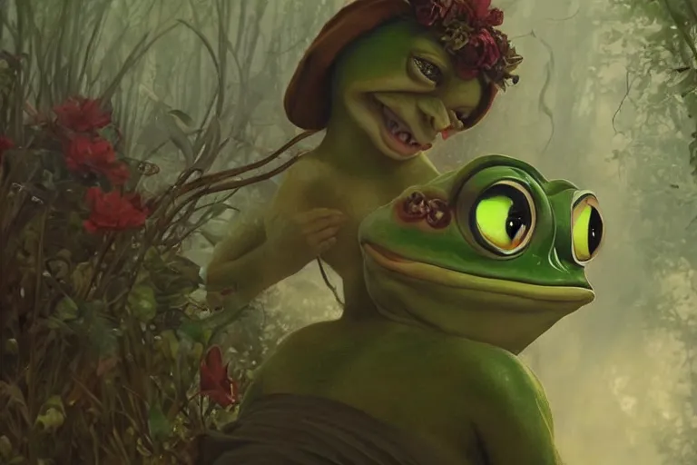 Image similar to music video screenshot of Pepe the Frog, unreal, fantasy, intricate, elegant, dramatic, highly detailed, photorealistic, digital painting, painterly, artstation, concept art, smooth, sharp focus, art by John Collier and Krenz Cushart and Artem Demura and Alphonse Mucha and Albert Aublet