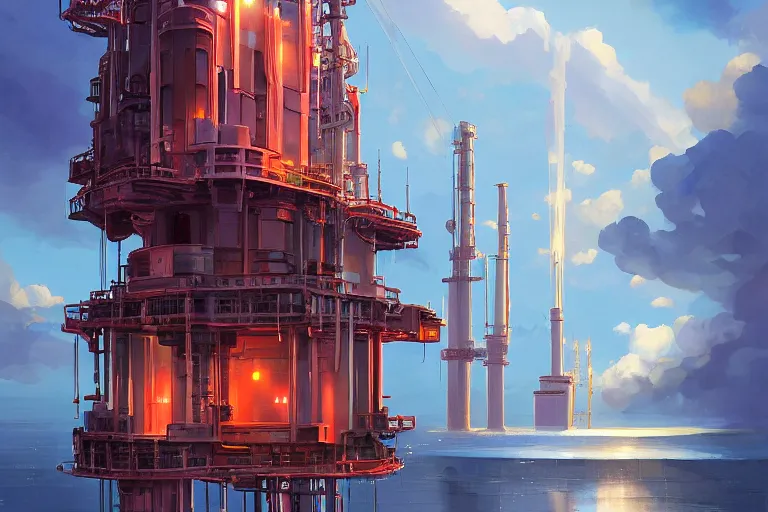 Prompt: A grand cathedral on top of an oilrig, digital art, artstationhq, by Charles Sheeler and Jordan Grimmer and Victor Mosquera