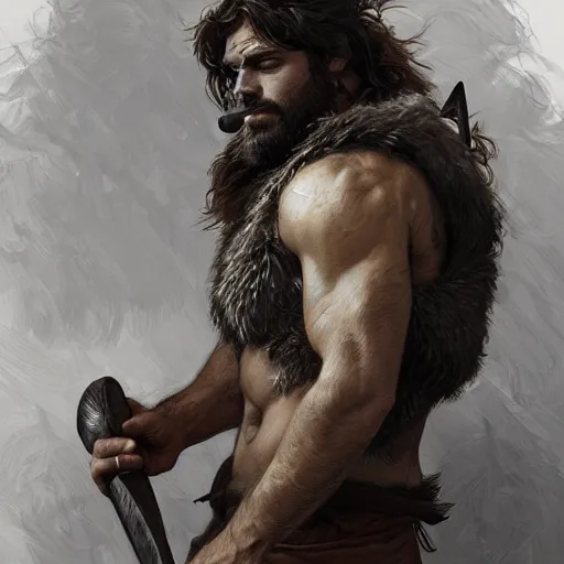 Prompt: portrait of a young rugged male barbarian, handsome, upper body, hairy torso, D&D, fantasy, intricate, elegant, highly detailed, digital painting, artstation, concept art, smooth, sharp focus, illustration, art by artgerm and greg rutkowski and alphonse mucha