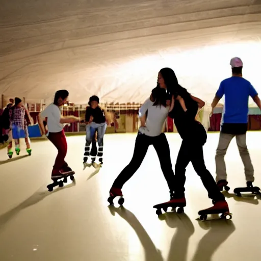 Prompt: people roller skating in a dimly lit roller rink made of cheese