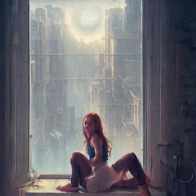 Image similar to window, eye, women, buildings, surprise, scared, couch by wlop, artgerm, greg rutkowski