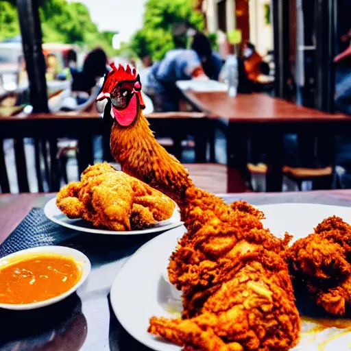 Prompt: a rooster eating fried chicken, mouthwatering, food photography
