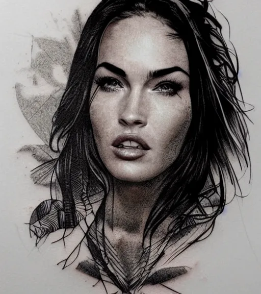 Prompt: realism tattoo sketch of a megan fox face in a double exposure effect with mountain scenery, in the style of matteo pasqualin, amazing detail, sharp