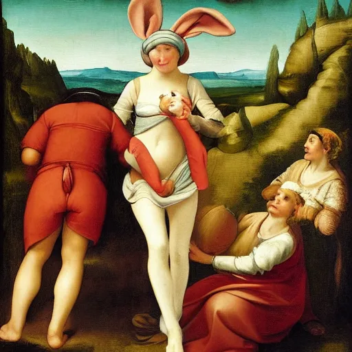 Image similar to the lady with the rabbit hat. renaissance painting, oil on canvas, 1 8 7 0.