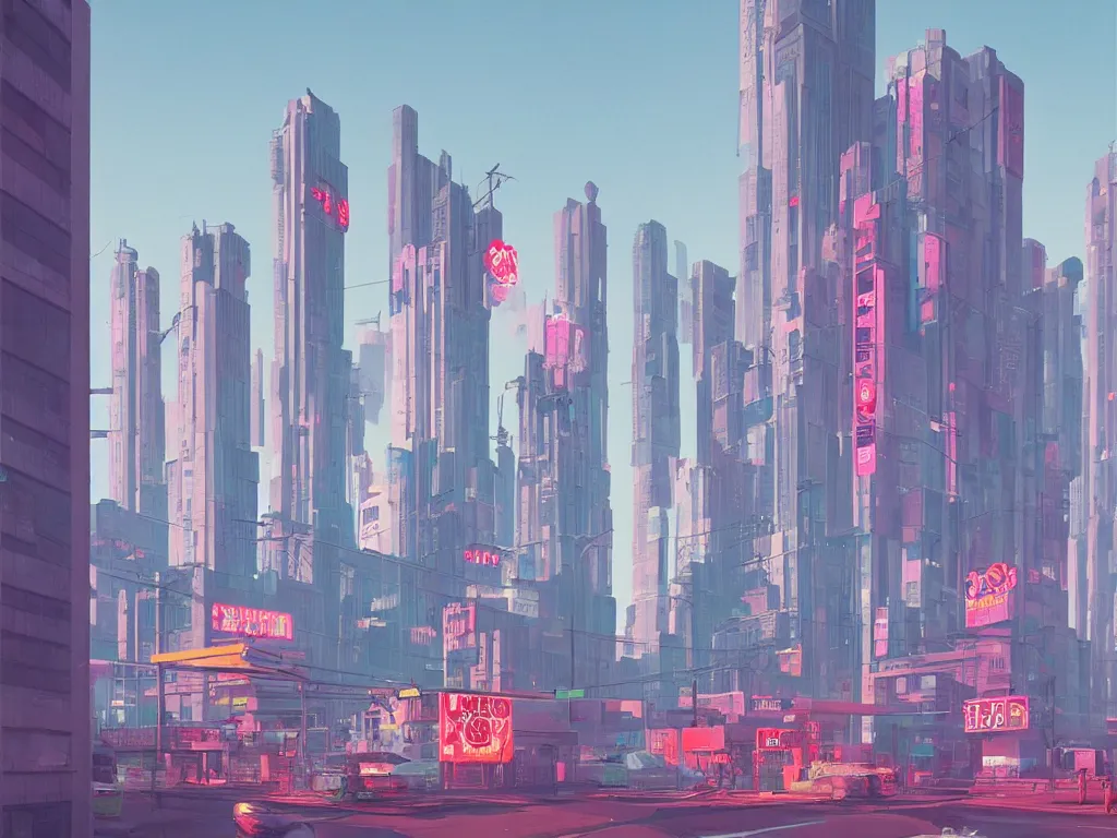 Image similar to tall futuristic buildings, billboards and neonsigns by Yusei Uesugi and Simon Stålenhag