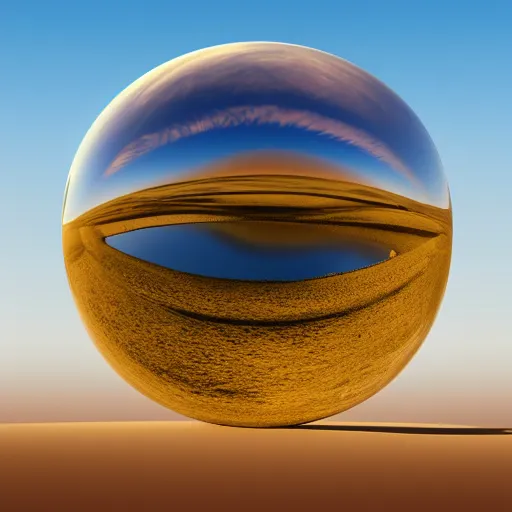 Prompt: an extremely detailed professional photo bright day of a large sphere with a mirrored surface on the ground in the gobi desert 1996 3d render