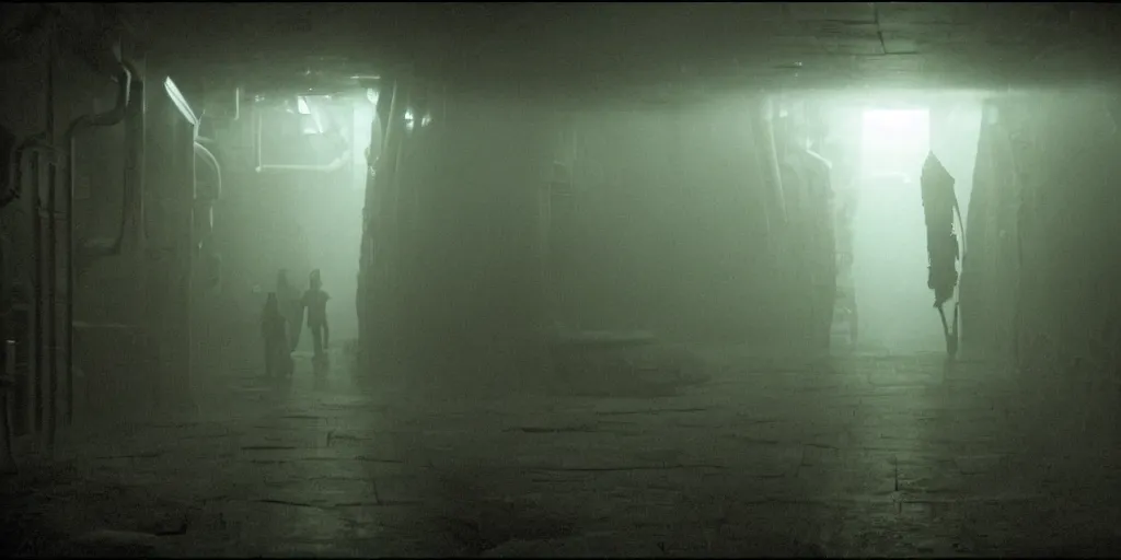 Image similar to a tight shot of a dark Alien ship interior corridor by Ridley Scott with lots of steam, Aliens movie, grainy, moody, dark, bleak