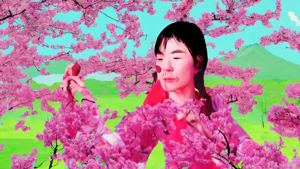 Image similar to close - up of a woman in a small group of people, a flower viewing picnic sakura, japan, a collage painting, in the style of wes anderson, lola dupre, david hockney, isolated on negative white space background dark monochrome neon fluorescent spraypaint accents volumetric octane render