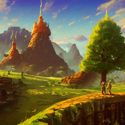 Image similar to a hyperrealistic digital matte painting of a verdant fantasy countryside, breath of the wild, hyrule, inspired by cyril rolando, david wiesner, many golden layers, orange color tone, very far royal steampunk castle, cgsociety, highly detailed, trending on artstation, azure sky