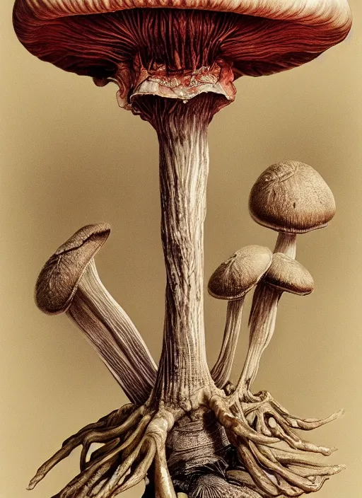 Prompt: portrait of a magic mushroom with translucent skin, visible muscles and veins and arteries and bones and spines and nerves, beautiful detailed intricate insanely detailed octane render, 8k artistic photography, photorealistic, chiaroscuro, by David Cronenberg, Raphael, Caravaggio