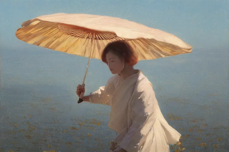 Image similar to wind, koi, kimono fabric blowing in the wind, sunlight, no person, jeremy lipking, joseph todorovitch