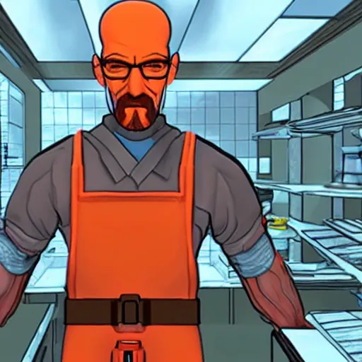 Prompt: gordon freeman as walter white synthesizing xen crystals in a meth lab