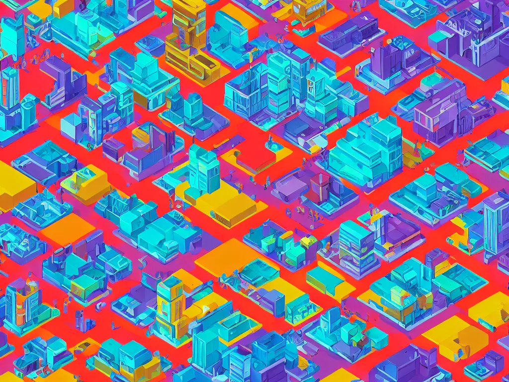 Prompt: colorful futuristic city, isometric, by Eboy