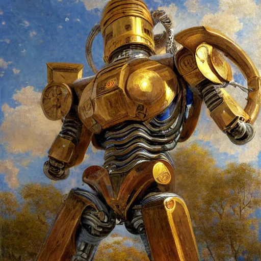 Image similar to highly detailed painting of a robotic humanoid bull mecha, painting by gaston bussiere, craig mullins, j. c. leyendecker, lights, art by ernst haeckel, john william godward, hammershøi, alex grey, dmt, symmetric, masterpiece details, hyper - detailed, hd, hdr, 4 k, 8 k