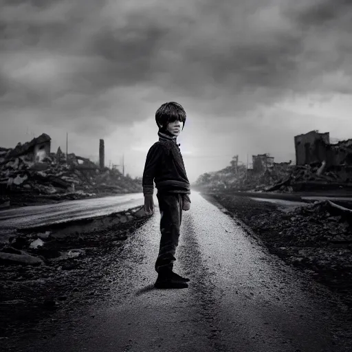 Image similar to black and white photo of boy standing in the middle of ruined road at war. ruined building around him. photorealistic, hyperrealistic, cinematic, artstation, octane render, 8 k
