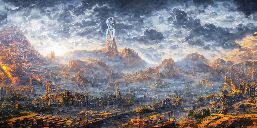 Image similar to fantasy oil painting, gleaming silver mega structure city, antep, argos, indore, kailasa, ellora, hybrid, looming, small buildings, warm lighting, street view, overlooking, epic, interstellar space port launching dock, distant mountains, bright clouds, luminous sky, cinematic lighting, michael cheval, david palladini, oil painting, natural tpose