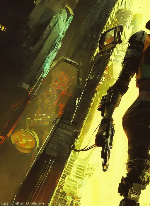 Image similar to Ela. Cyberpunk mercenary in tactical gear infiltrating corporate mainframe. rb6s, (Cyberpunk 2077), blade runner 2049, (matrix) Concept art by James Gurney, Craig Mullins and Alphonso Mucha. painting with Vivid color.