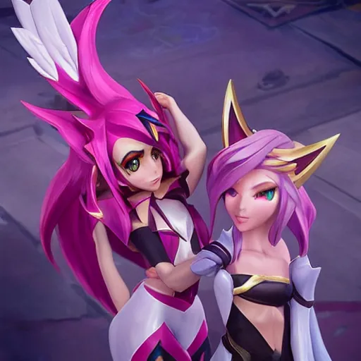 Image similar to star guardian xayah and star guardian kai'sa!!!!!!!!!! friends together, league of legends, star guardian xayah, star guardian kai'sa, hyperrealistic, realistic, high definition, by weta digital, 3 - dimensional, realistic