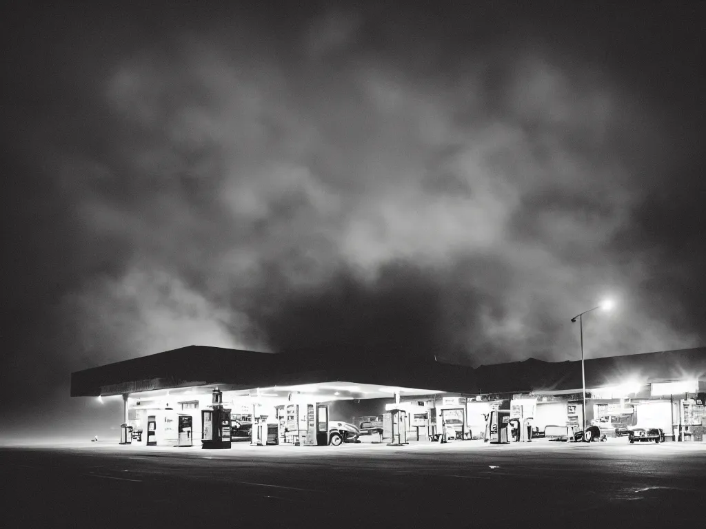 Image similar to “35mm film photography of gas station , fog, night, mood, atmospheric, full colour, digital photography, finished in Lightroom”