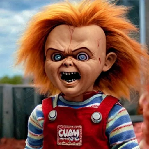 Image similar to chucky doll screaming in too gun movie