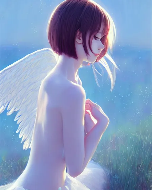 Image similar to infinitely detailed full - body portrait pale female peaceful dream angel wearing elegant clothes. beautiful! scenery art! by wlop & murata range, by ilya kuvshinov. artstation!! / pixiv!!