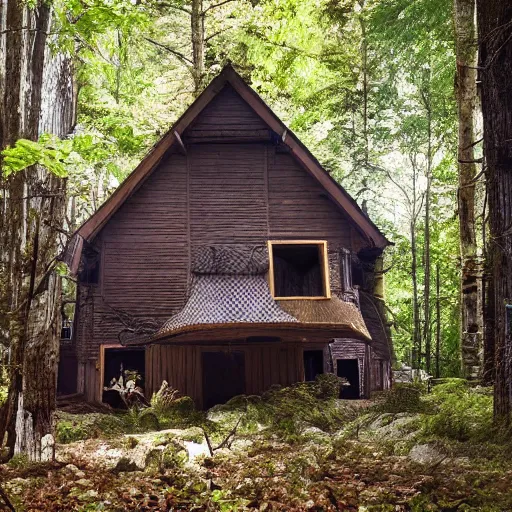 Prompt: national geographic cover photo of an weird house in the woods