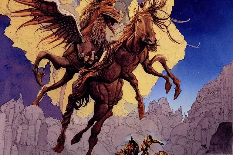 Prompt: a hyperrealist watercolour character concept art portrait of science fiction poster, jesus vs an alien, winged pegasus, giant creature in background, detailed, well lit night in las vegas, nevada. by rebecca guay, michael kaluta, charles vess and jean moebius giraud