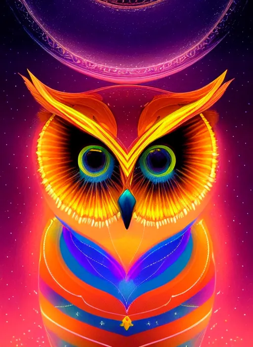 Image similar to symmetry!! product render poster vivid colors divine proportion owl, starry sky, glowing fog intricate, elegant, highly detailed, digital painting, artstation, concept art, smooth, sharp focus, illustration,
