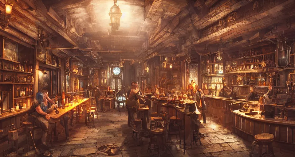 Image similar to alchemy tavern, hyperdetailed, artstation, cgsociety, golden hour 8 k, volumetric lighting, could tones