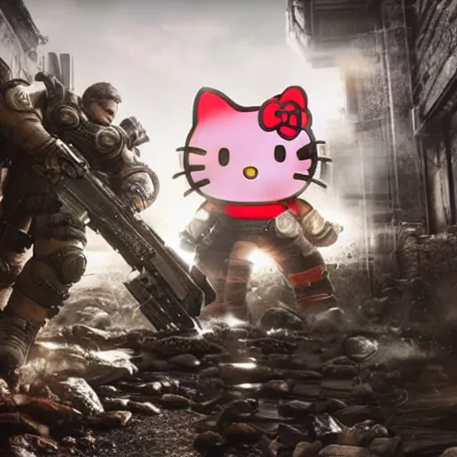 Prompt: Hello Kitty in Gears of War, splash art, movie still, detailed face, cinematic lighting, color, dramatic, octane render, long lens, shallow depth of field, bokeh, anamorphic lens flare, 8k, hyper detailed, 35mm film grain