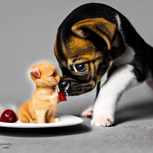 Image similar to photography of a puppie sharing his meal with a small baby cat, animal photography, award winning photography by Leonardo Espina