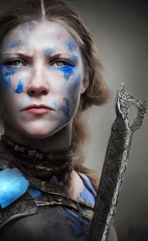 Image similar to photorealistic portrait of female viking warrior with black hair and bleeding nose, blue eyes, porcelain skin, shoulders, determined