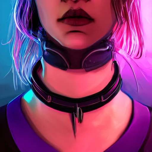 Prompt: headshot artwork of a cyberpunk woman wearing thick steel choker around neck, 4K, detailed face, collar on neck, realistic, artstation, neon purple,