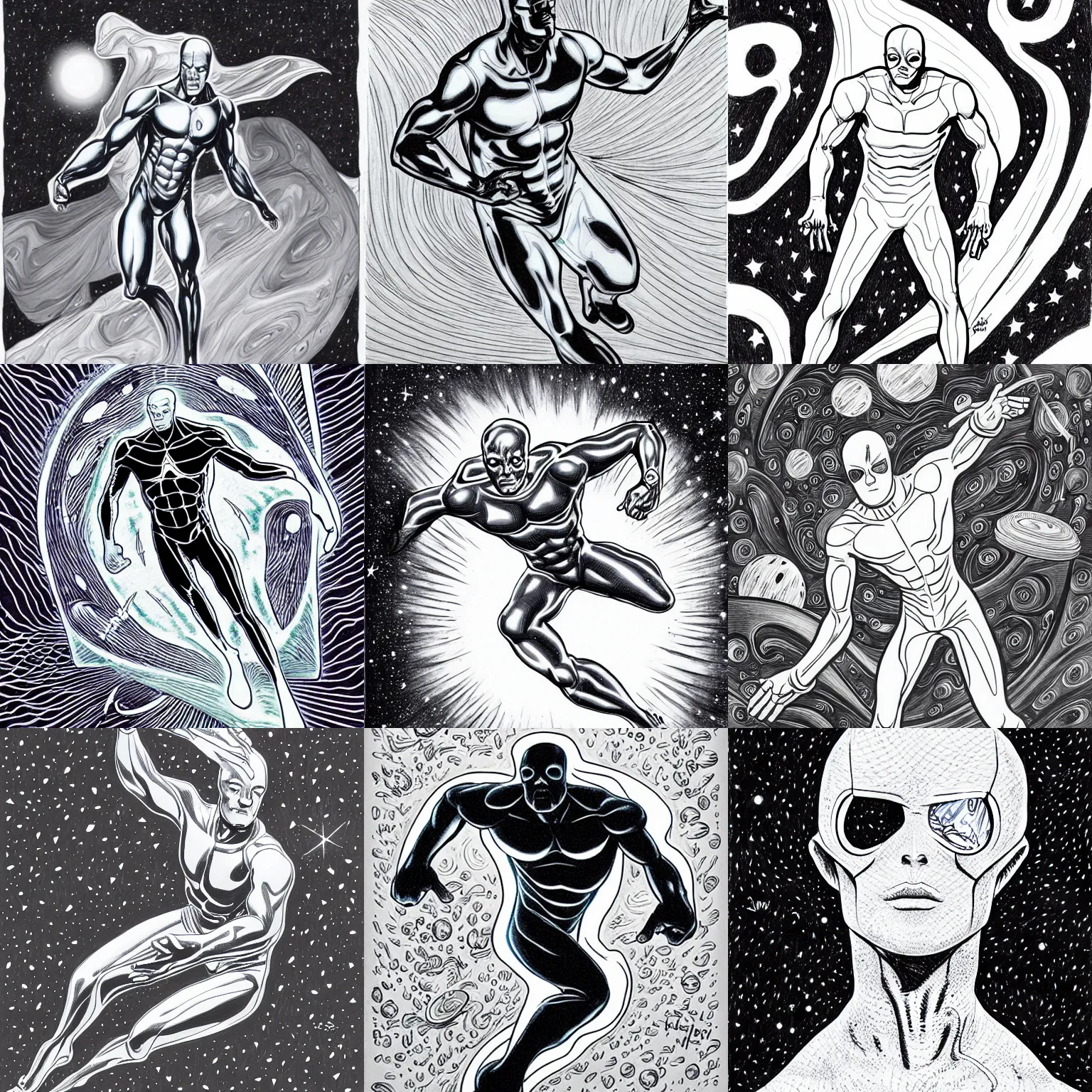 Prompt: silver surfer in space, by james jean, black and white, pencil drawing,