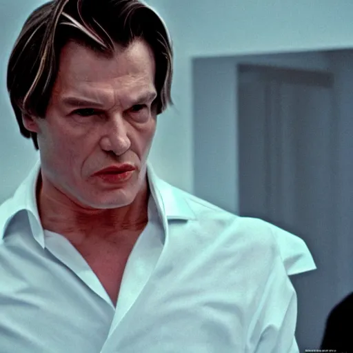 Image similar to Viktor Yushchenko as the American Psycho, cinematic still