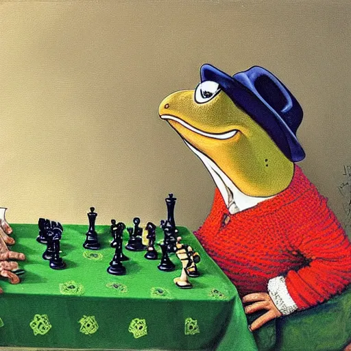 Image similar to mr toad and mr frog drinking wine and playing chess. Painting of toad and frog wearing sweaters by James Gurney.